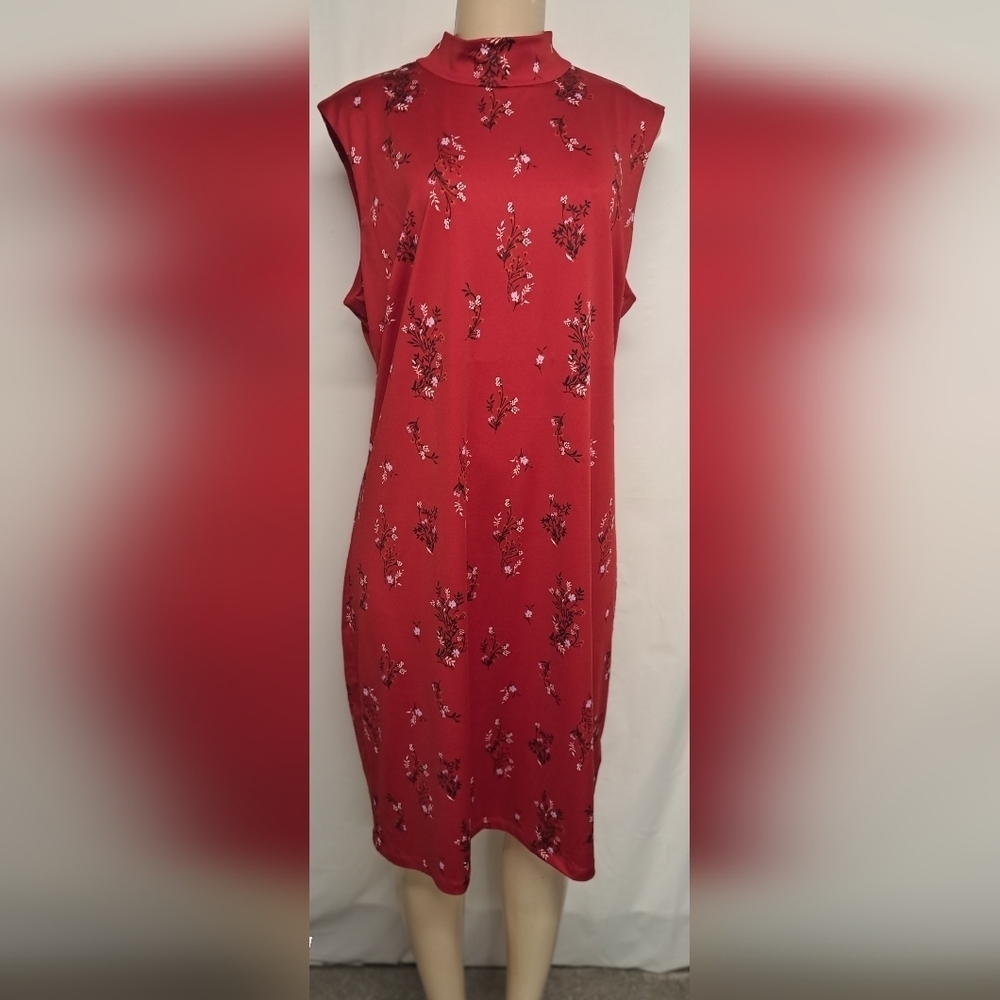 Attention XXL Shift Dress Sleeveless Mock Neck Zipper Back Lined Red Floral